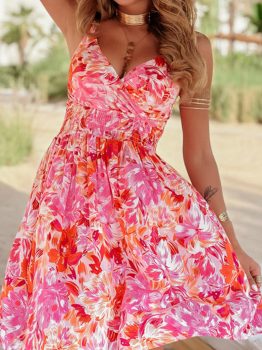 Red Floral Spaghetti Strap Surplice Neck Shirred Waist Mini Dress