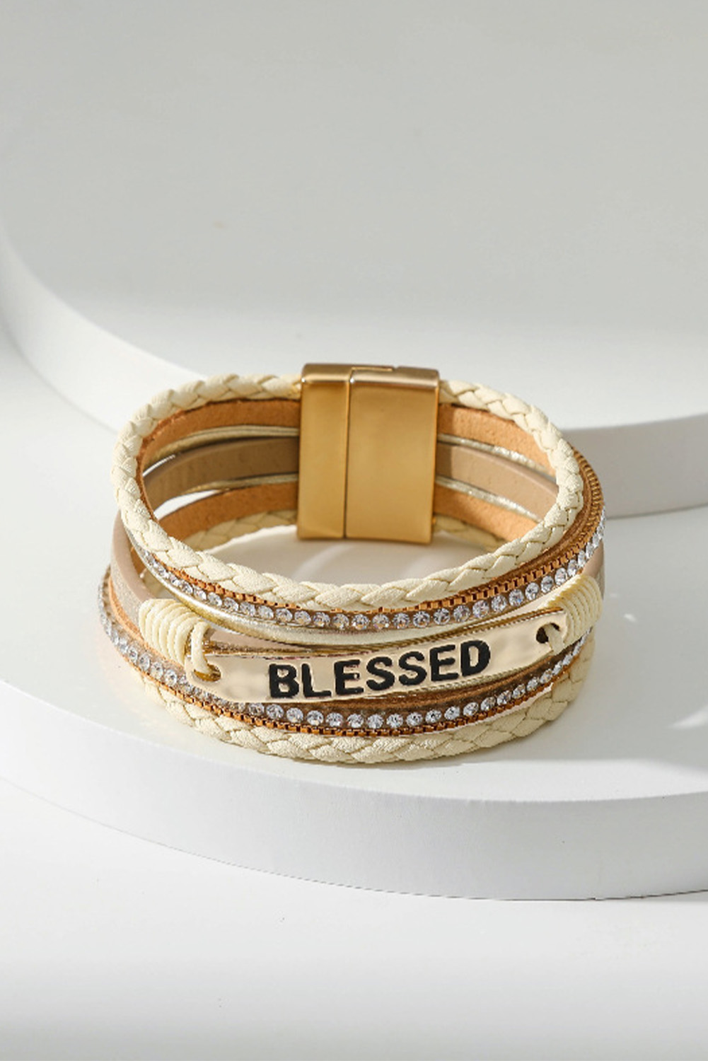 Beige BLESSED Rhinestone Braided Detail Buckle Bracelet - Image 4