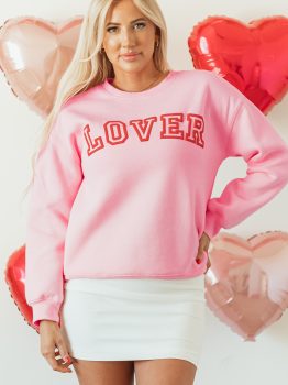 Pink LOVER Puff Print Drop Shoulder Pullover Sweatshirt