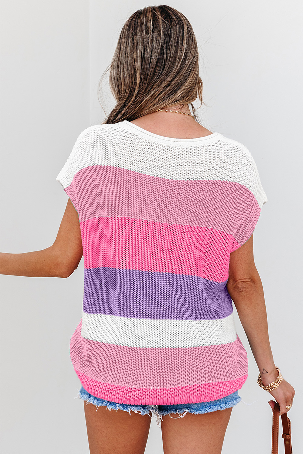 Pink Color Block Notch V Neck Sweater T Shirt - Image 4