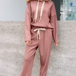 Rose Tan Lace Drawstring Pullover Hoodie and High Waist Pants Corduroy Suit