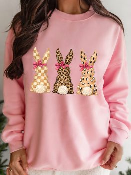 Pink Checkered Leopard Easter Bunny Dropped Shoulder Sweatshirt