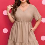 Dark Khaki Plus Size Textured Ruffled Short Sleeve Dress