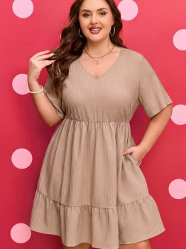 Dark Khaki Plus Size Textured Ruffled Short Sleeve Dress