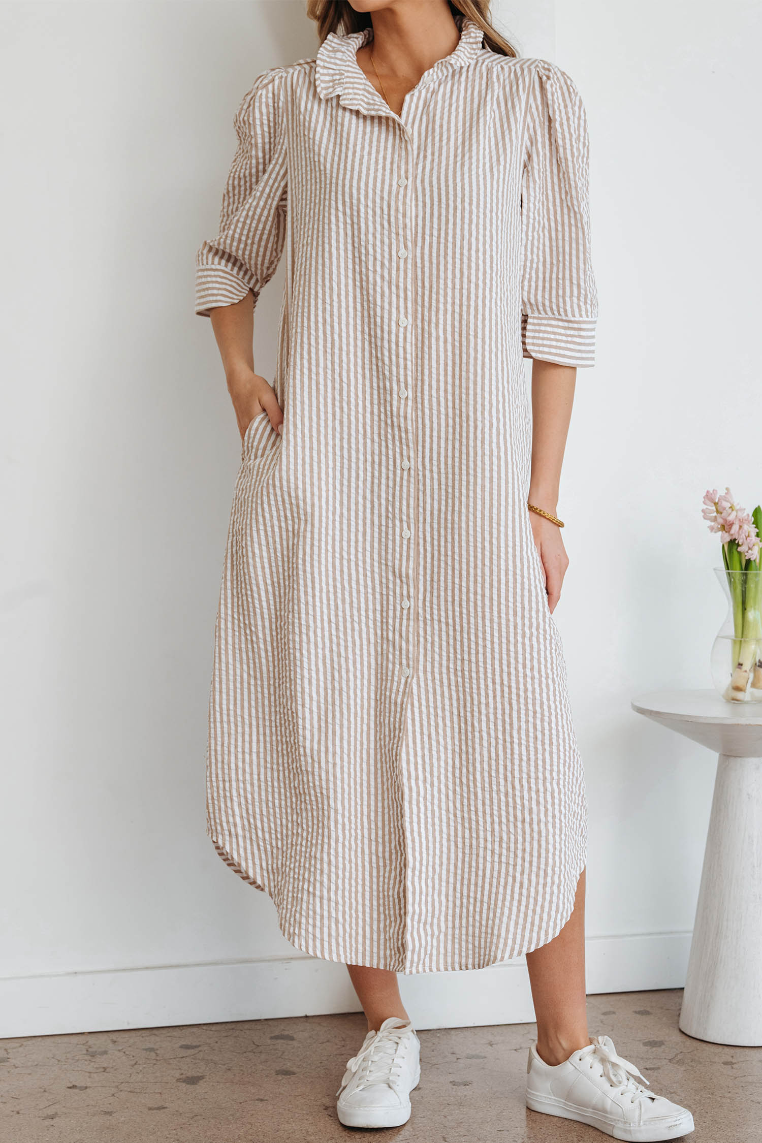 Khaki Stripe Frilled Collar Half Sleeve Shirt Maxi Dress - Image 6