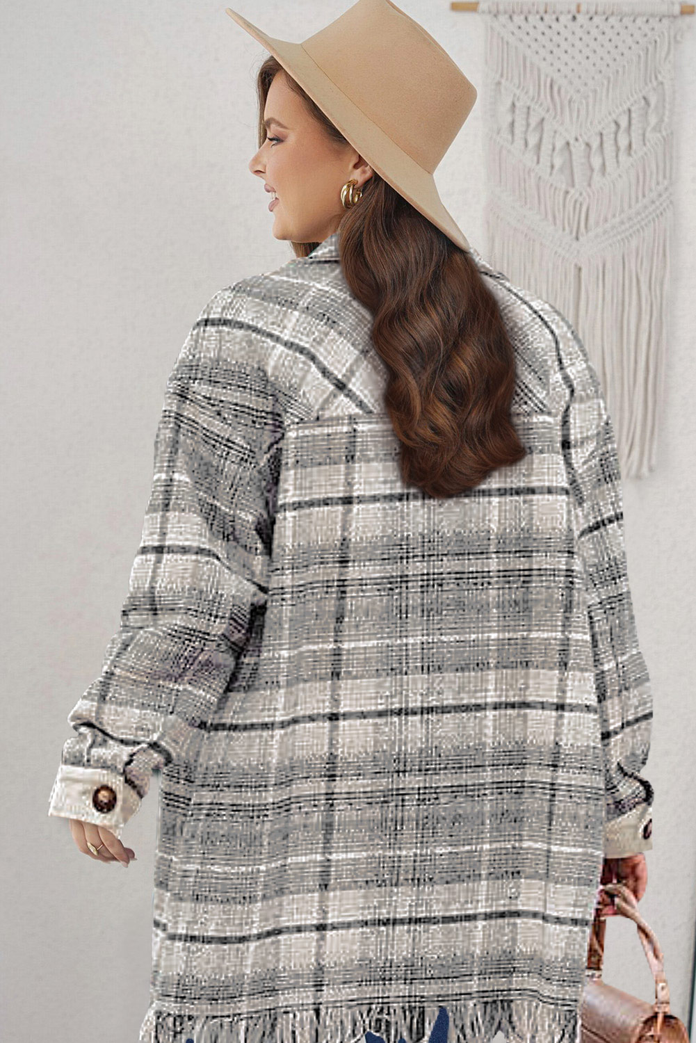 Gray Plus Size Macrame Plaid Coat - Image 2