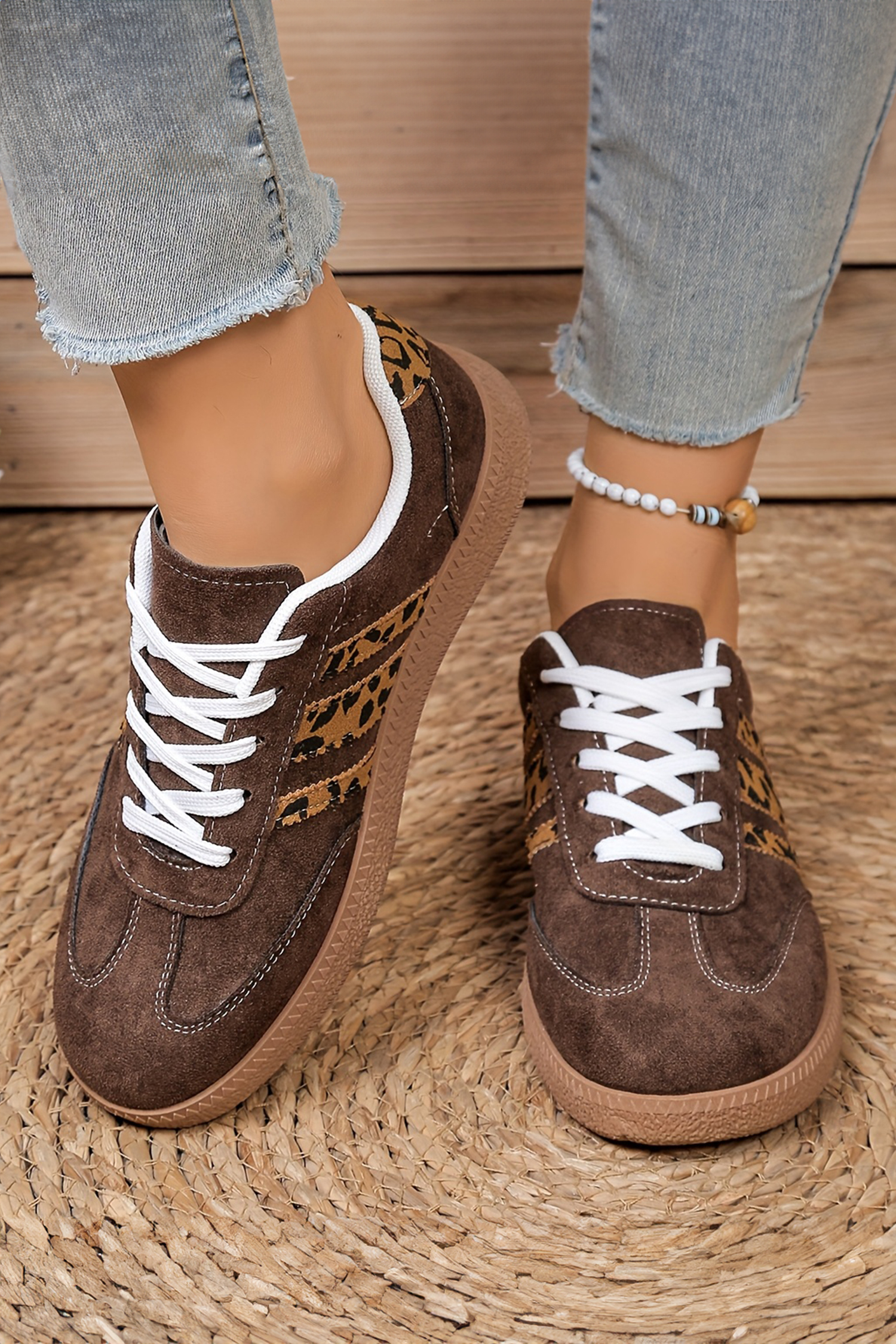 Coffee Contrast Lace-up Leopard Patchwork Detail Faux Suede Shoes - Image 4