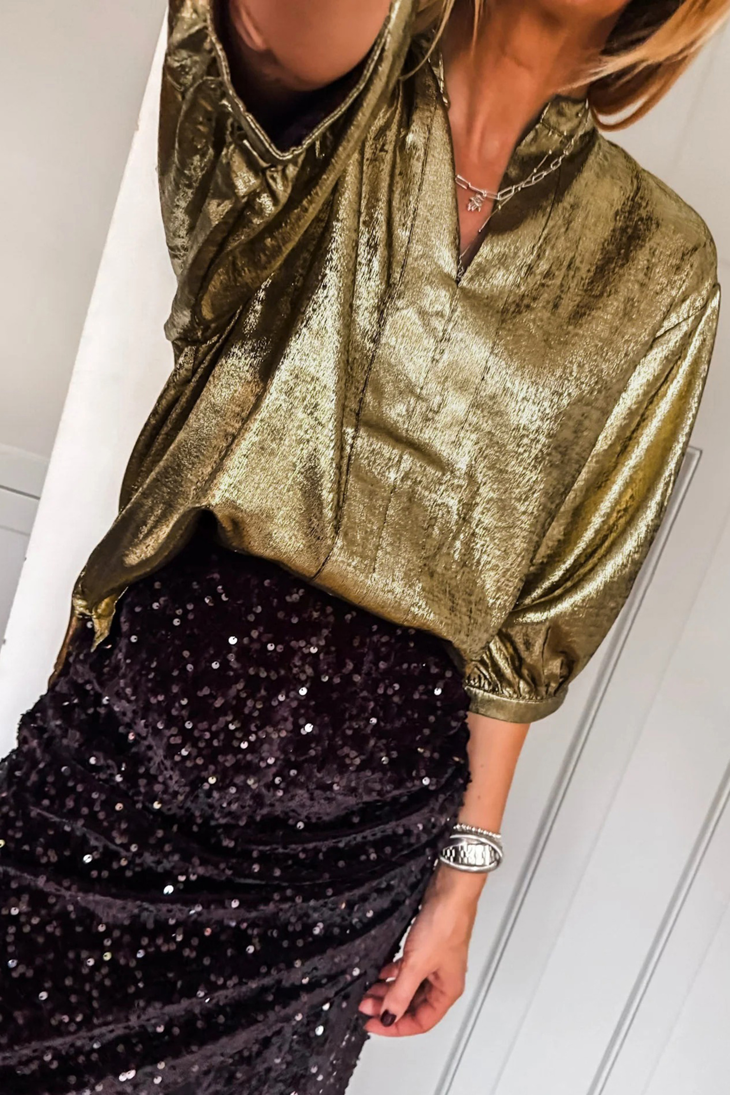 Gold Metallic Split Neck Half Sleeve Blouse - Image 3