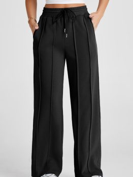 Black Seamed Drawstring High Waist Wide Leg Sweatpants