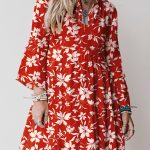 Red Boho Floral Print Lettuce Trim 3/4 Sleeve Mini Dress