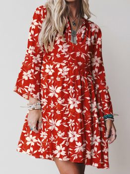 Red Boho Floral Print Lettuce Trim 3/4 Sleeve Mini Dress