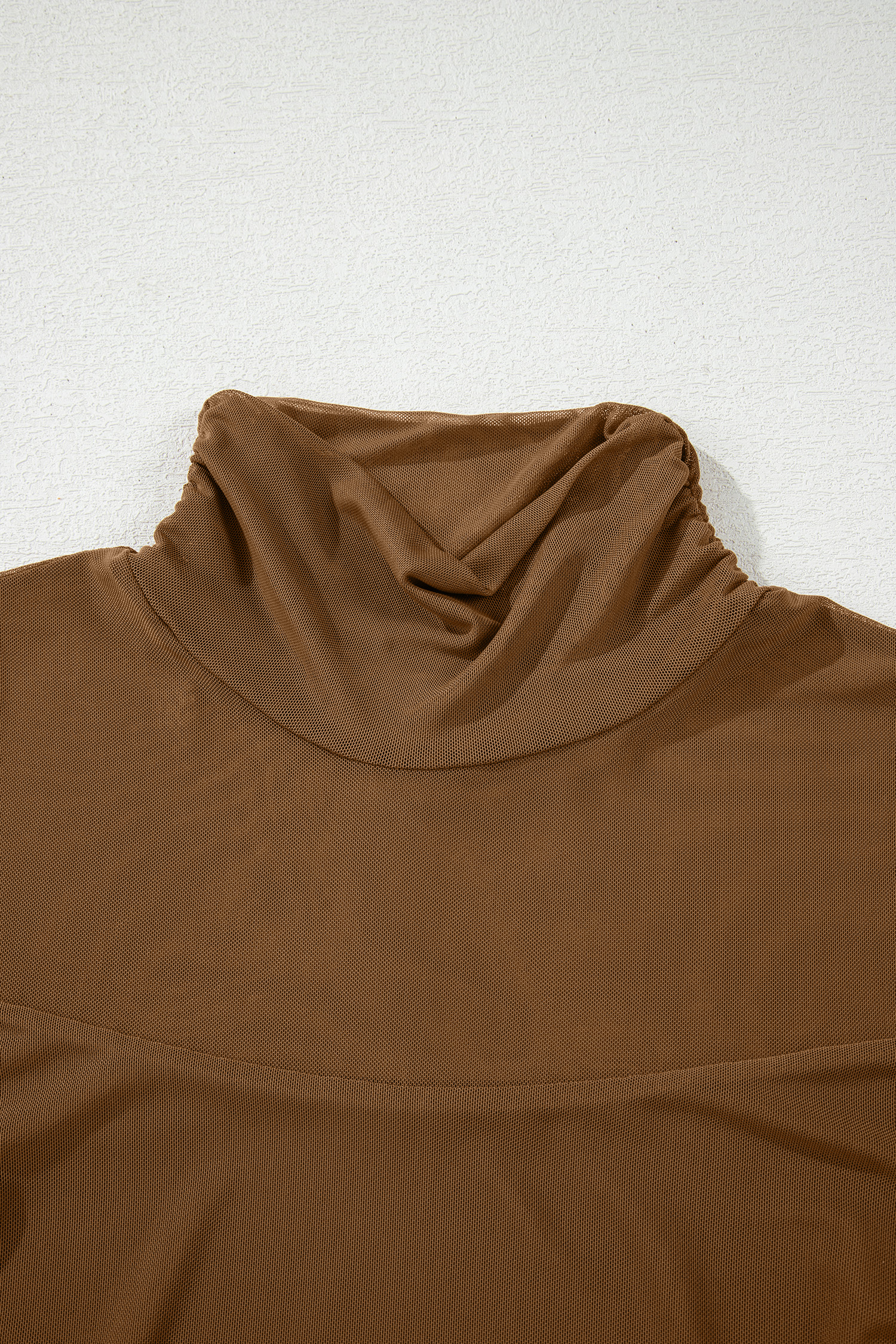 Coffee Sheer Mesh Patchwork High Neck Long Sleeve Top - Image 5