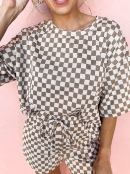 Brown Checkered Top and Short Casual 2pcs Set