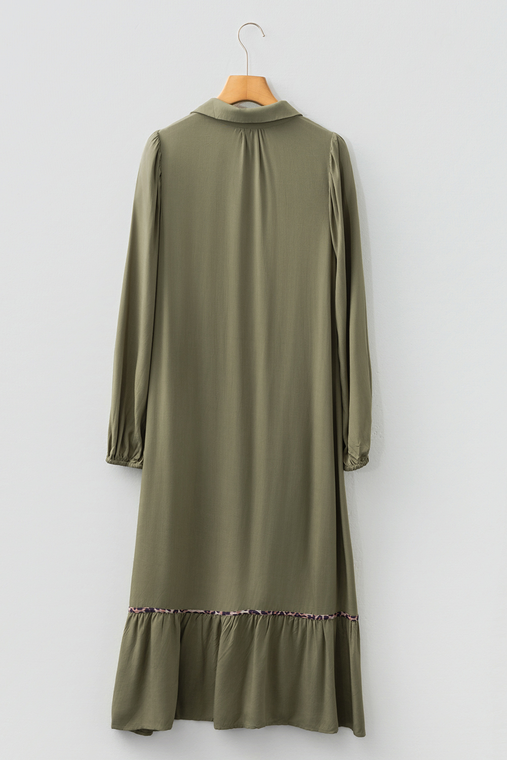 Four Leaf Clover Collared V Neck Smocked Detail Contrast Leopard Trim Bracelet Sleeve Long Dress - Image 5