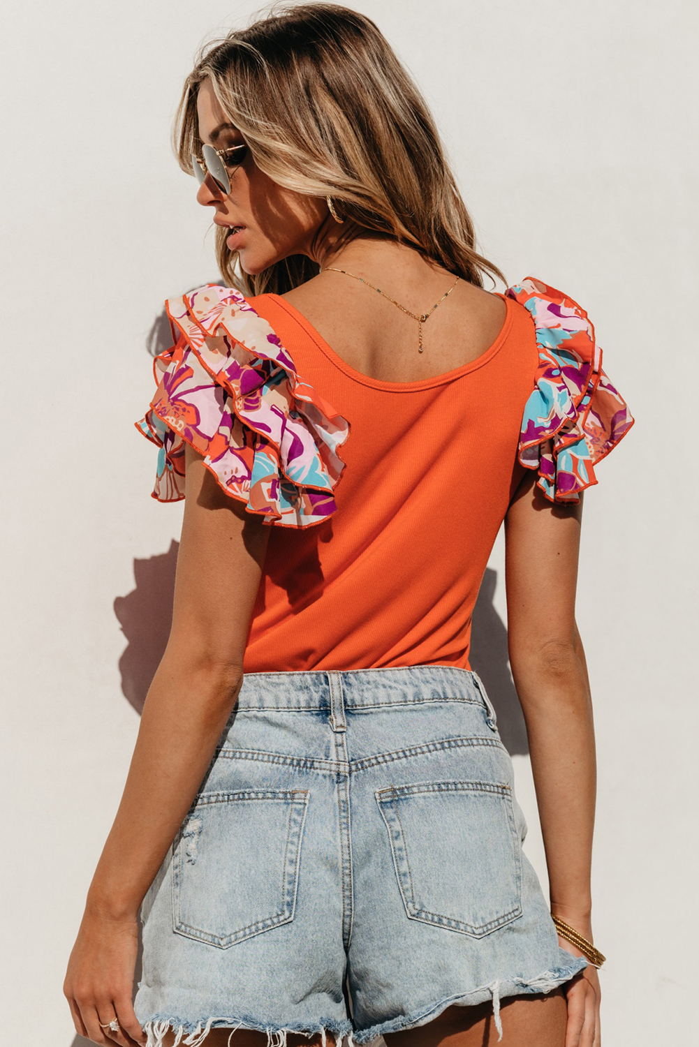 Orange Ribbed Knit Tiered Ruffled Sleeve Bodysuit - Image 7