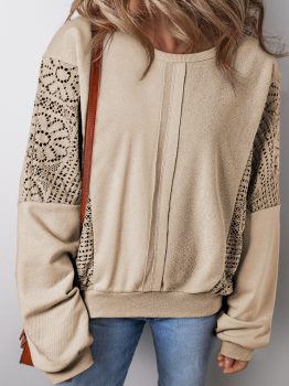 Parchment Knit Crochet Exposed Seam Ribbed Trim Sweatshirt