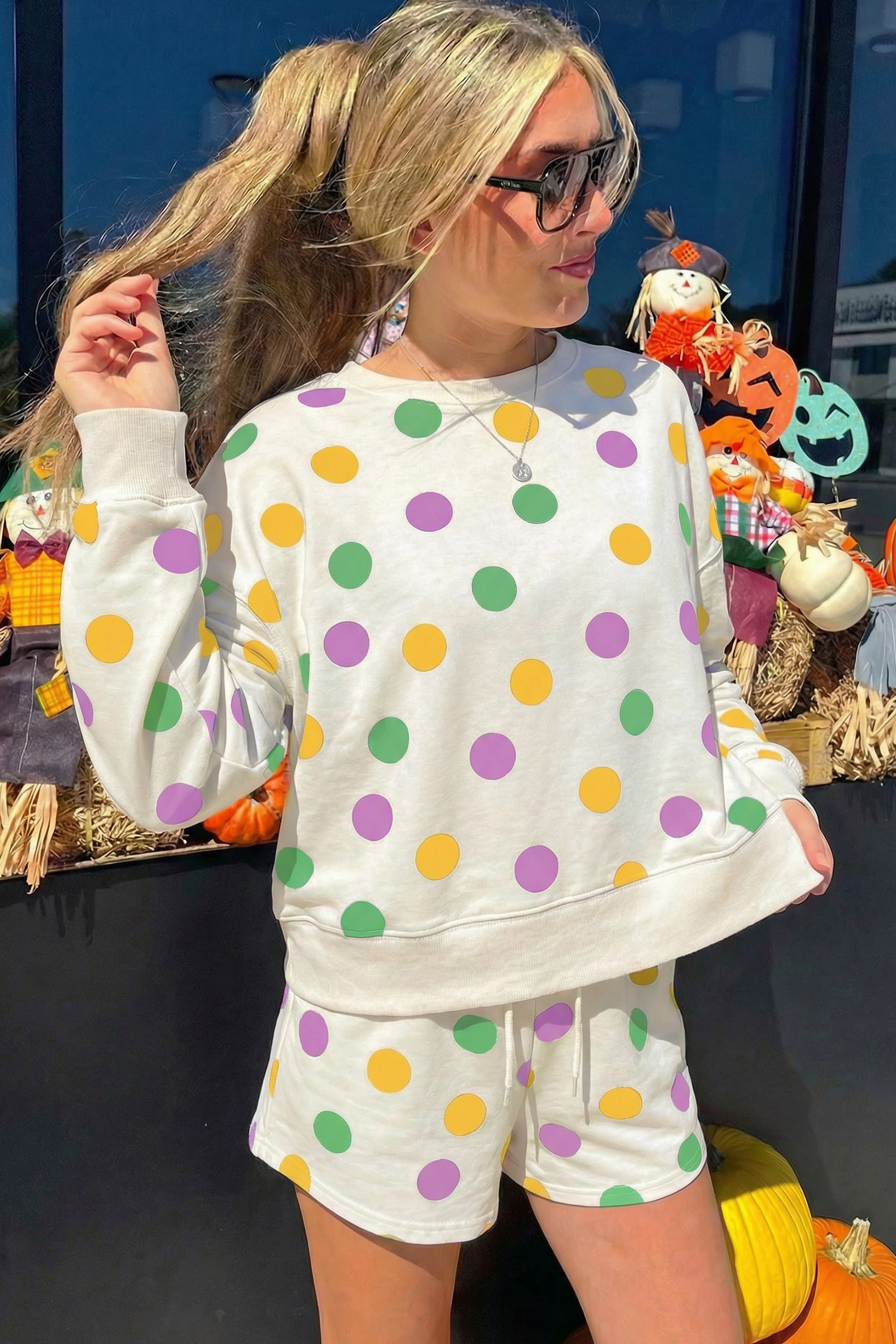 Multicolour Polka Dot Print Drop Shoulder Pullover Drawstring Shorts Set - Image 3