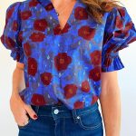 Blue Ruffled Short Balloon Sleeve Frilled V Neck Floral Blouse