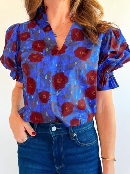 Blue Ruffled Short Balloon Sleeve Frilled V Neck Floral Blouse