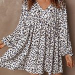 Multicolour Leopard Print V Neck Button Detail Long Sleeve Mini Dress