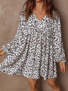 Multicolour Leopard Print V Neck Button Detail Long Sleeve Mini Dress