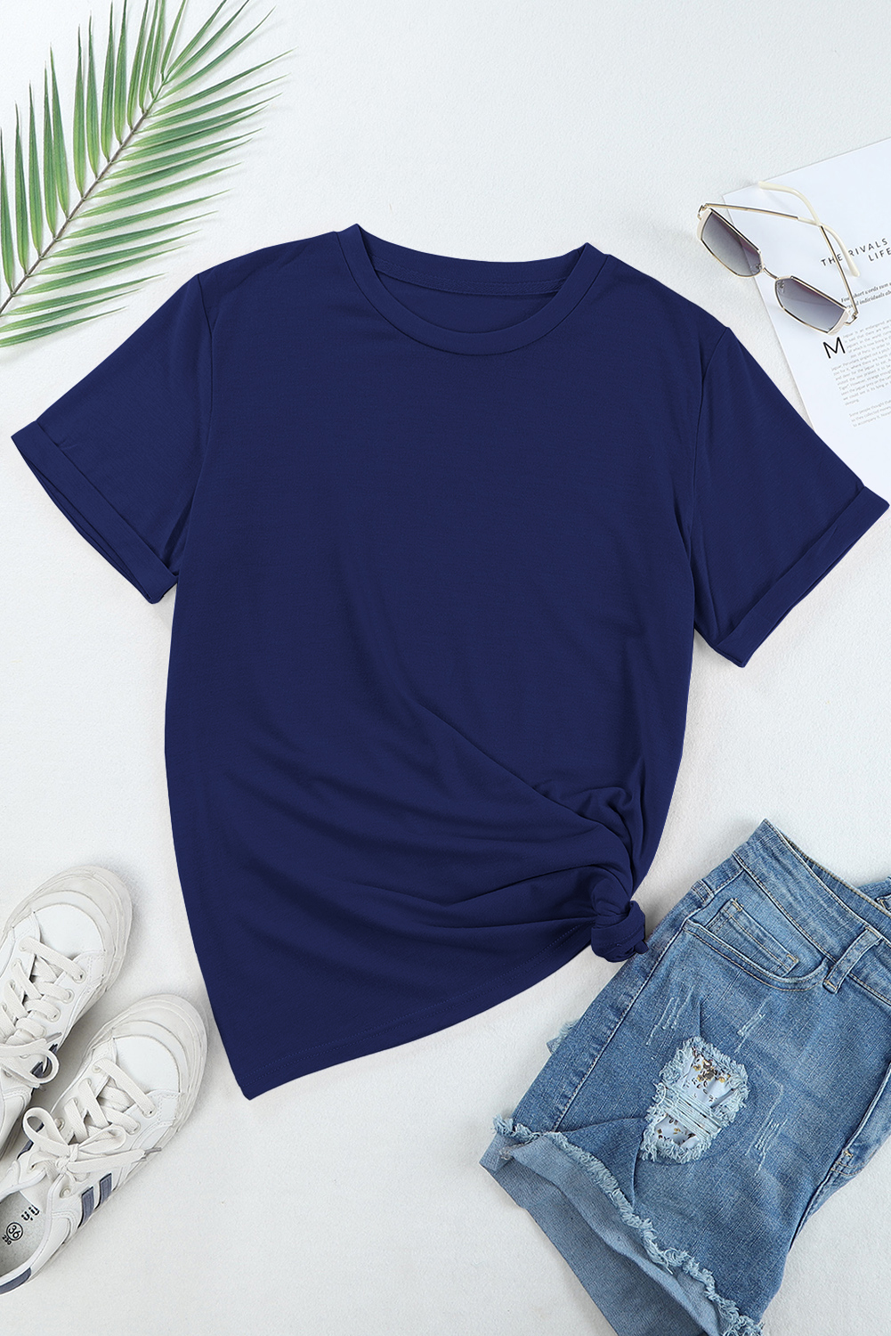 Blue Casual Plain Crew Neck Tee - Image 5