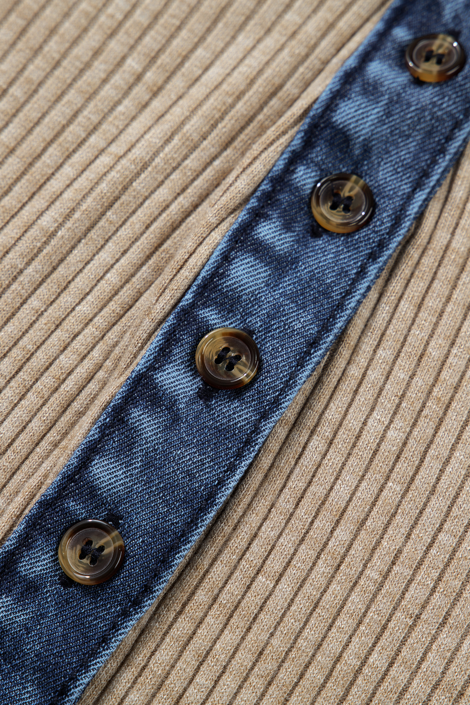 Beige Ribbed Knit Denim Patchwork Button Polo Collar Cuffed Long Sleeve Top - Image 7