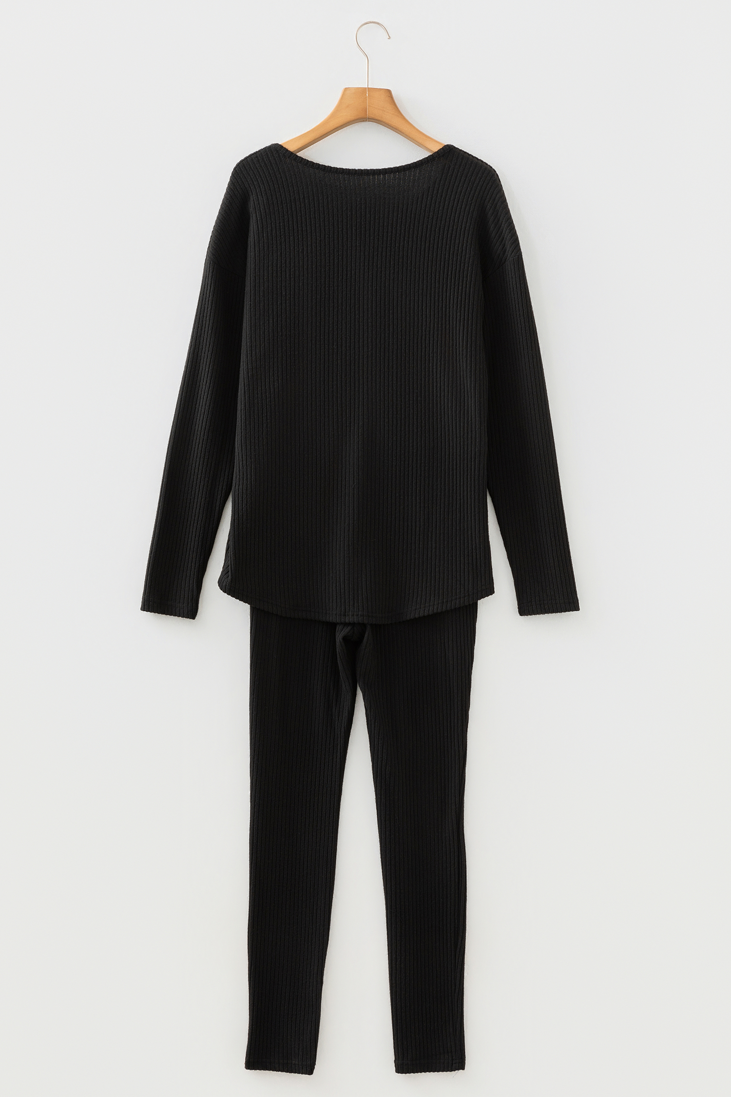 Black Ribbed Notched Neck Knit Long Sleeve Leggings Two Pieces Lounge Set - Image 8