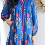 Sky Blue Floral Print Contrast Striped Trim Notched Neck Long Sleeve Dress