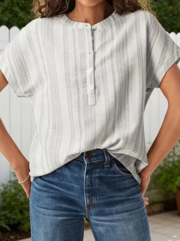 Gray Breathable Gauze Half Button Short Sleeve Casual Blouse