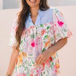 Multicolour Floral Print Striped Yoke Frilled V Neck Puff Short Sleeve Blouse