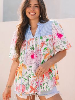 Multicolour Floral Print Striped Yoke Frilled V Neck Puff Short Sleeve Blouse