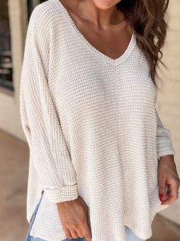 White Waffle Knit Side Slits Loose Fit V Neck Top