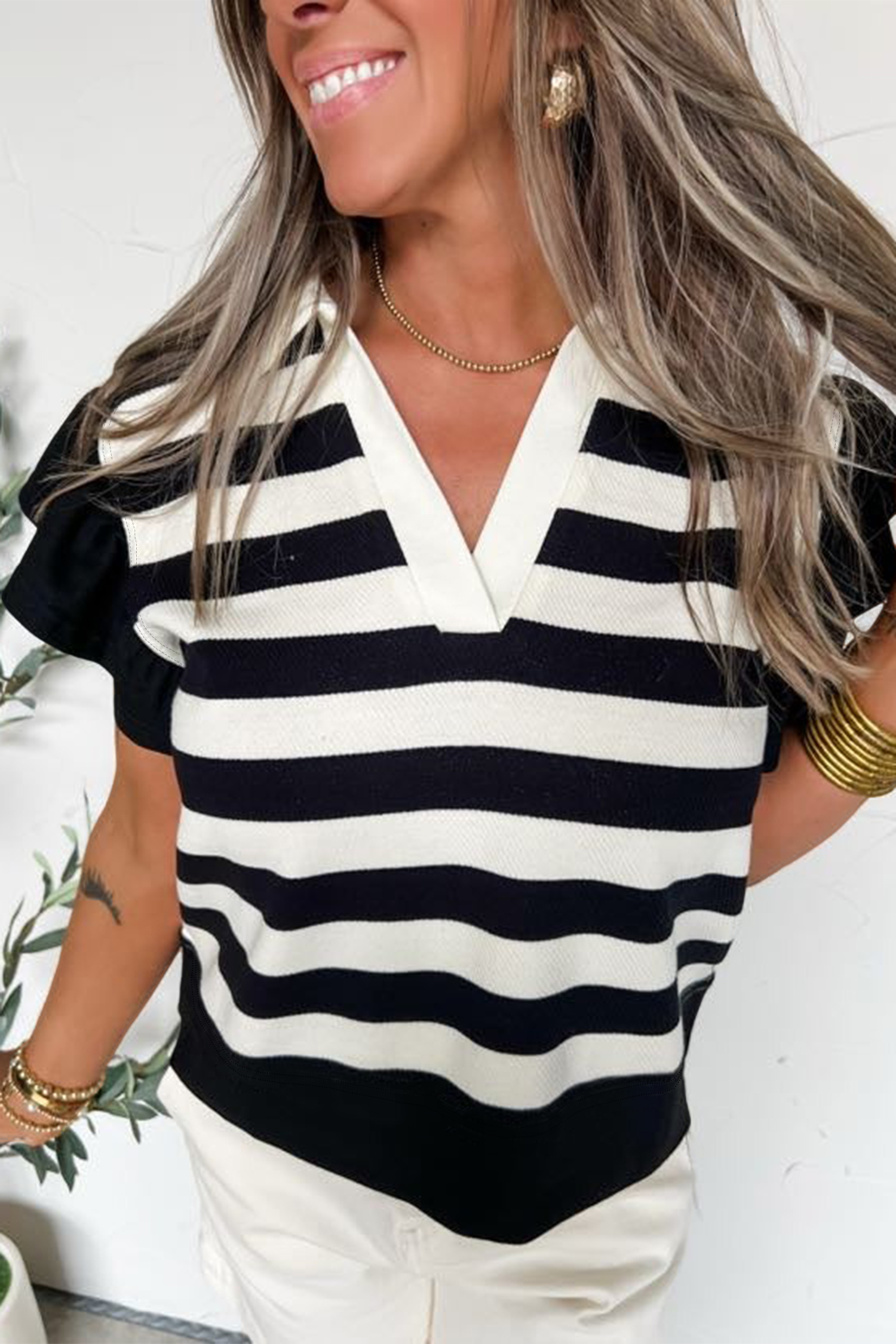 Black Stripe Collar V Neck Ruffled Short Sleeve Blouse - Image 6