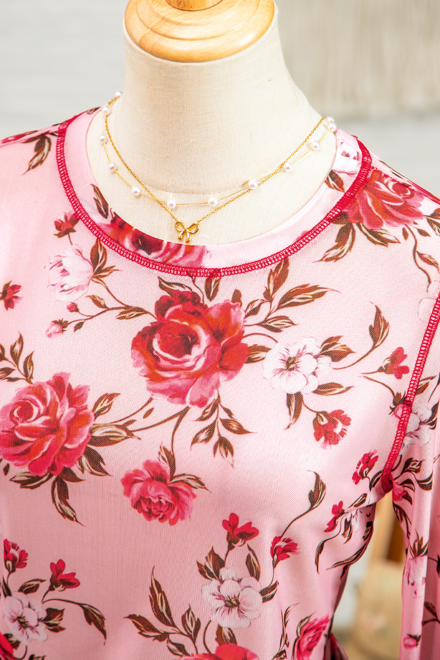 Pink Floral Print Exposed Seam Detail Mesh Long Sleeve Top - Image 6