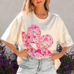 Jet Stream Floral Patched Raw Seam Big Flower Oversize Tee