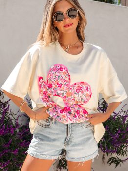 Jet Stream Floral Patched Raw Seam Big Flower Oversize Tee