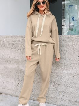 Jet Stream Lace Drawstring Pullover Hoodie and High Waist Pants Corduroy Suit