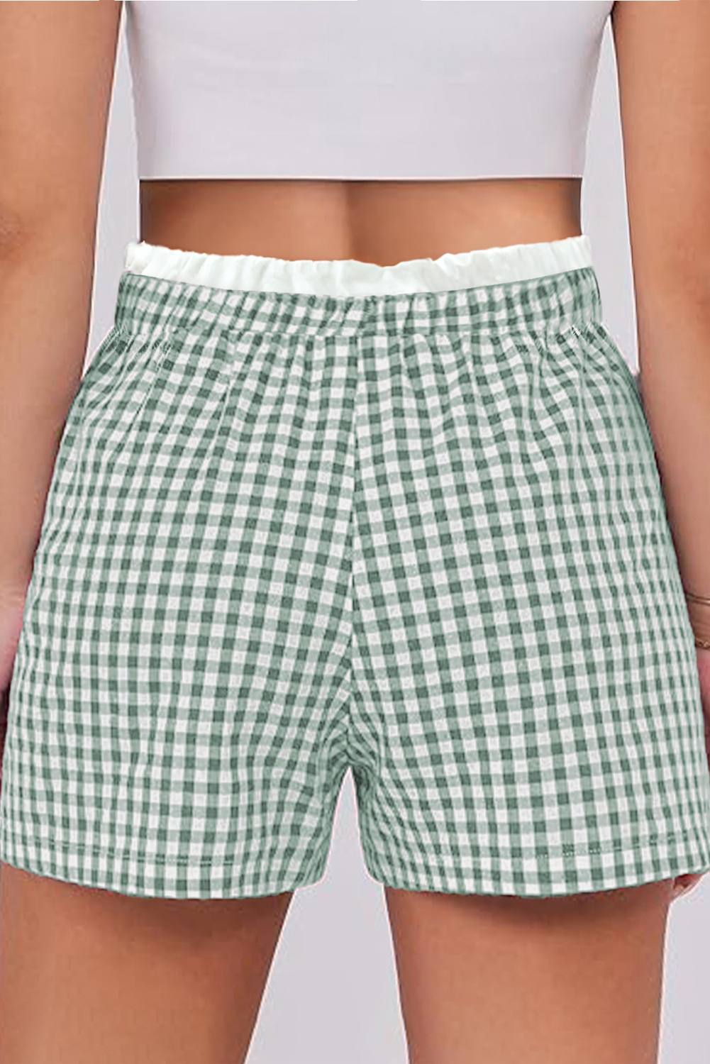 Green Contrast Trim Plaid Print Plus Size Shorts - Image 3