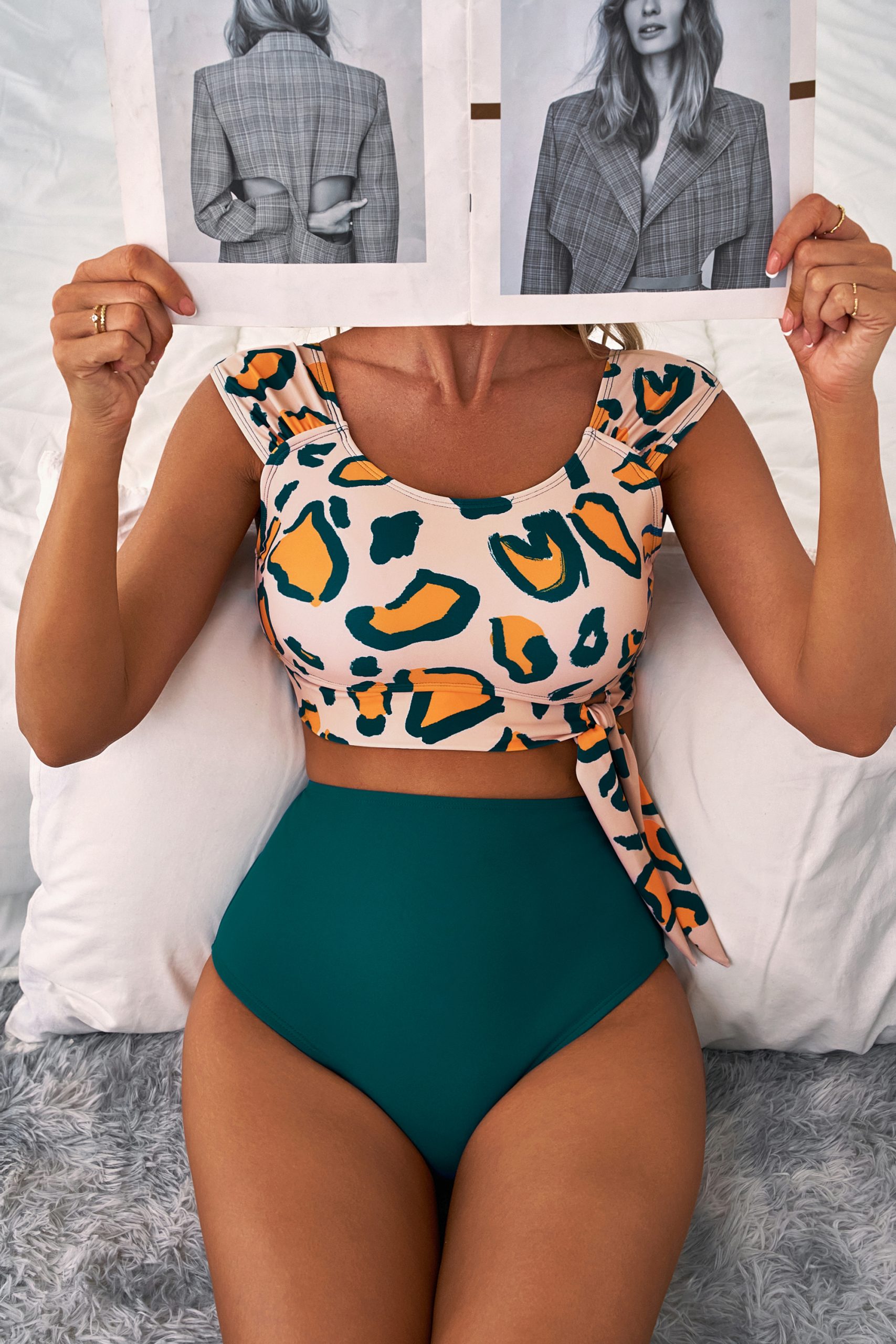 Green Leopard Print U Neck Knotted High Waist Bikini Set - Image 5