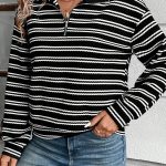 Black Stripe Textured Quarter Zip Collar Long Sleeve Top