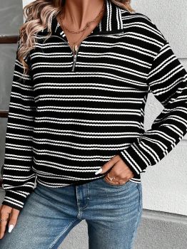 Black Stripe Textured Quarter Zip Collar Long Sleeve Top