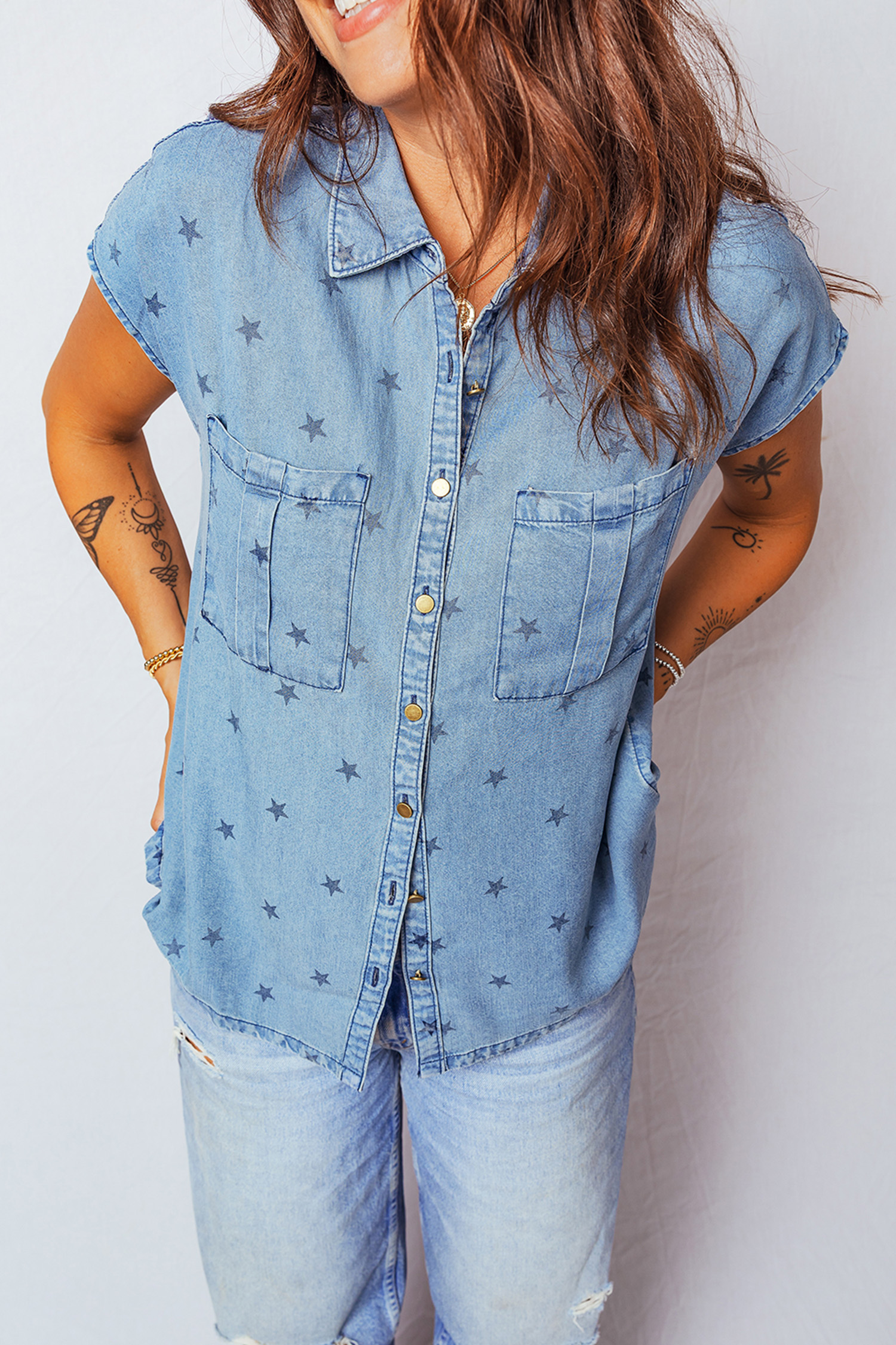 Beau Blue Star Allover Print Double Chest Pocket Short Sleeve Denim Shirt - Image 3