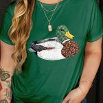 Dark Green Faux Patchwork Mallard Duck Plus Size Graphic Tee