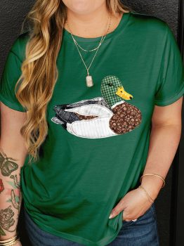 Dark Green Faux Patchwork Mallard Duck Plus Size Graphic Tee
