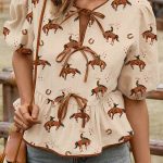 Apricot Cowboy Print Puff Sleeve Bowknot Peplum Blouse