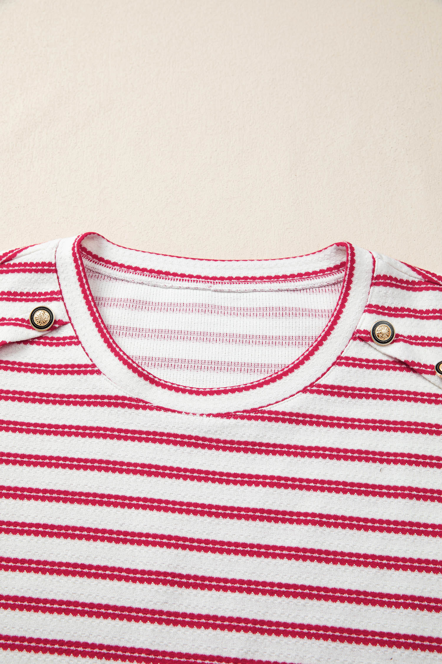 Red Stripe Textured Knit Button Detail Short Sleeve Casual Tee - Image 6