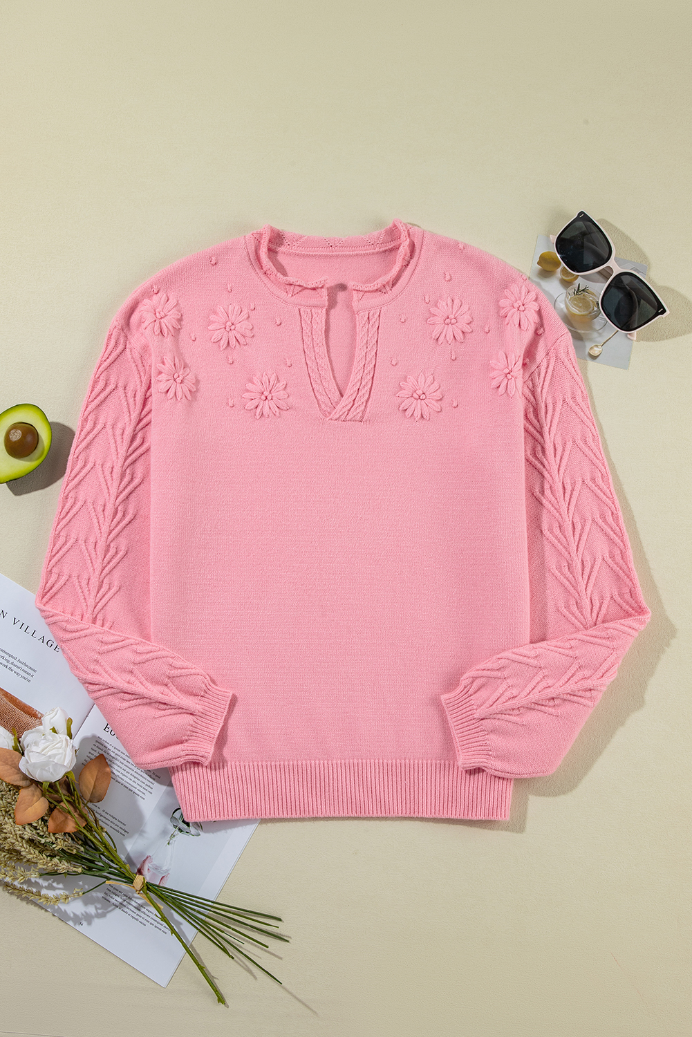 Peach Blossom Flower Detail Knitted Notched Neck Sweater - Image 7