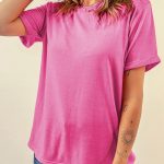 Sachet Pink Bright Casual Plain Crew Neck Tee