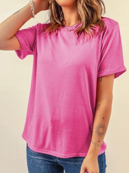 Sachet Pink Bright Casual Plain Crew Neck Tee